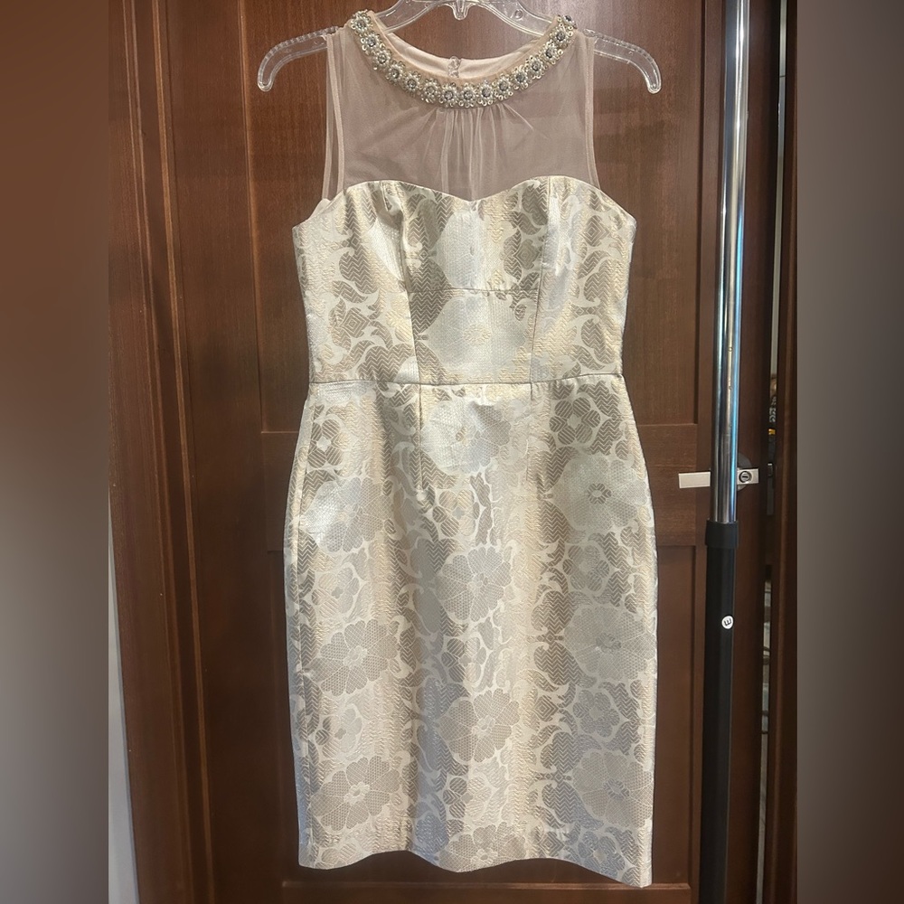 Maggy London Floral Gold Dress with Sheer Jeweled Neckline    Size 2